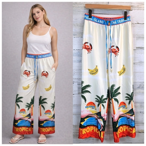 Joie Tropical Satin Wide Leg Pants S Sea Inspired Statement Maximalism Beachy - Picture 2 of 16